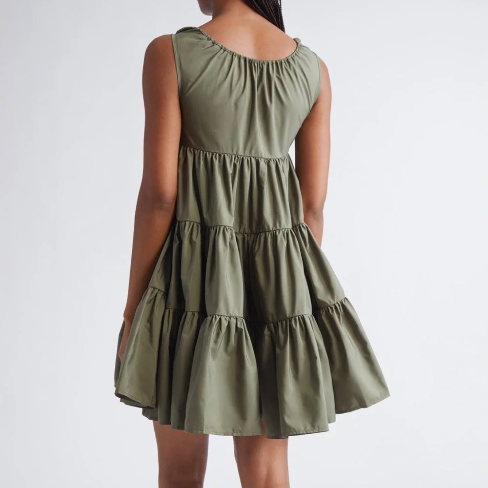 New Cecilie Bahnsen Aino Tiered Recycled Faille Minidress in Olive Green Size 4